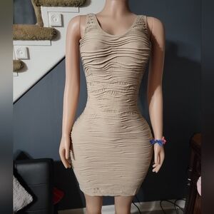 Wanda Nylon Textured Beige Mini Dress